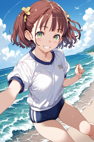 score_9, score_8_up, score_7_up, score_6_up, score_5_up, score_4_up, source_anime, anime coloring, hinaduki suika, waves, beach, blue sky, (clouds:0.8), school girl, solo, smile, gym uniform, buruma, short sleeves, flat illustration, close-up, dynamic pose angle, masterpiece, best-quality, highest-definition, ultra-detailed, high-resolution, intricate,
