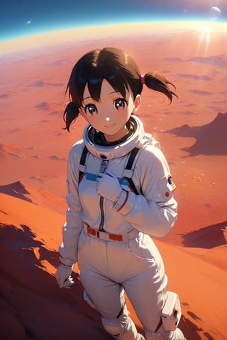 (masterpiece), best quality, expressive eyes, perfect face, anime coloring, 
((cowboy shot:1.2)), minamoto shizuka, 1girl. solo, twintails, smile, Girl in a spacesuit stepping onto the surface of Mars, Earth visible in the distance, vast red landscape, futuristic colony in the background, sense of wonder and exploration, epic sci-fi scene, hyper-realistic detail,