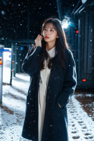 cute girl, long hair, fashion winter coat, big coat, Wear a coat over a hoodie, standing looking up snow is falling, winter night city, snowing, 4K, ultra HD, RAW photo, realistic, masterpiece, best quality, beautiful skin, white skin, 50mm, medium shot, outdoor, half body, photography, Portrait, ,chinatsumura, high fashion, snowflakes, dynamic light, warm lights, christmas lights, festival atmosphere