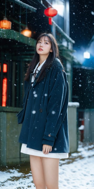 cute girl, long hair, fashion winter coat, big coat, Wear a coat over a hoodie, standing looking up snow is falling, winter night city, snowing, 4K, ultra HD, RAW photo, realistic, masterpiece, best quality, beautiful skin, white skin, 50mm, medium shot, outdoor, half body, photography, Portrait, ,chinatsumura, high fashion, snowflakes, dynamic light, warm lights, christmas lights, festival atmosphere,hk_girl,aika-sawaguchi