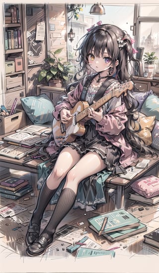 a sketch of a girl playing with guitar , 21years old, note music paper book, long hair, heterochromia eyes, room location, sitting, sketchy, Sketch,