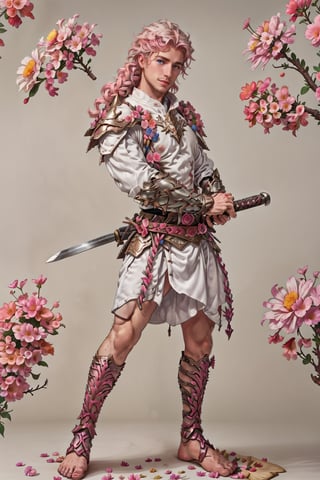 wearing armor, armor, 1man, pink bedroom background, wearing mini white skirt, slender boy , shy face  , pink braid hair , cute face , blue eyes, man body, sweaty body , sexy face, pink florest backwards , naked , full male body, male  ,flower4rmor,thicc , well done details, full of details , ,battoujutsu