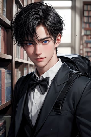 1boy, sexy wink. He is very handsome, he wears a high school uniform (white shirt, black bowtie, pants, backpack, books). detailed image, detailed skin. trendy hairstyle, blue eyes, black hair, sad and confused, close-up, Heleans a little, standing, medium long shot, luxurious library in background, tender smile.,cute,boy,Add more detail. The podium. Masterpiece, detailed study of the face, beautiful face, beautiful facial features, perfect image, realistic shots, detailed study of faces, full-length image, 8k, detailed image. an extremely detailed illustration, a real masterpiece of the highest quality, with careful drawing.