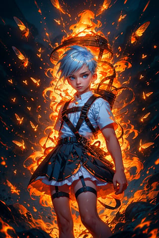  1 man, male face ,  freckles face,  ,blue eyes , white hair , kawaii , wearing mini white skirt, harness, stockings BREAK,firefliesfireflies,r1ge