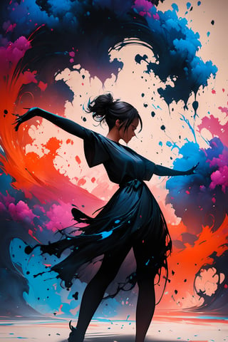 silhouette of a girl, ink brushstrokes in background, looking at viewer, dancing pose, ink rain, stunning image, ink smoke, digital art, professional style, ((masterpiece quality: 2)), ink droplets, attractive image.,INK,Ink art