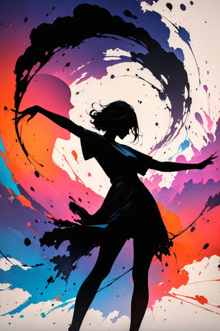 silhouette of a girl, ink brushstrokes in background, looking at viewer, dancing pose, ink rain, stunning image, ink smoke, digital art, professional style, ((masterpiece quality: 2)), ink droplets, attractive image.,INK,Ink art