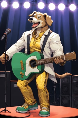 A Muscular Light Green Dog Singing And Playing On A Guitar On Stage Wearing A Gold Suit Gold Pants And Gold Shoes