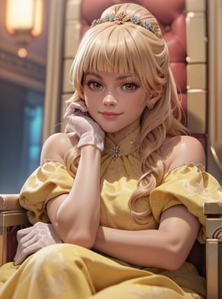  score_9, score_8_up, score_7_up, score_6_up, score_5_up, score_4_up score_9,score_8_up, 1girl, 1girl, hymenoran, brown eyes, (japanese woman), blonde hair, long hair, yellow dress, white gloves, sitting on throne, small smirk, closed mouth, regal, one hand on chin, one hand on arm rest, shexyo, anime,