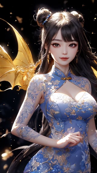 //quality
masterpiece, best quality, aesthetic, 
//Character
1girl, (large breasts:1.1), 
beautiful detailed eyes, big eyes, bun hair
//Fashion
The girl, dressed in a (Cheongsam adorned with a golden dragon on a black background:1.0), exudes elegance and mystery in her beautiful appearance. Her hair is black and glossy, styled elegantly. Her expression is gentle, with a constant smile that seems to bring happiness to those around her. The Cheongsam fits her body perfectly, with intricate dragon patterns delicately drawn throughout.
//Background 
(watercolor:0.6),1 girl, ,mecha dragon,Masterpiece,firefliesfireflies,fairy,animal