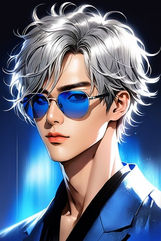 pencil Sketch of a beautiful   asian man 30 years , k-pop star
short  silver hair ,  messy hair, blue big sunglasses,  alluring, portrait by Igor Kazarin, ink drawing, illustrative art, soft lighting, detailed, more Flowing rhythm, super elegant, low contrast, add soft blur with thin line, full  lips, black eyes ,  small eyes,  blue metal clothes  .