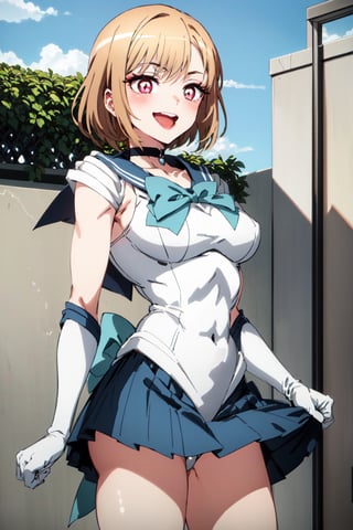 Highly detailed, High quality, Masterpiece, Beautiful, high detailed, Anime, 1girl, solo ,(cowboy  shot) , smile, blonde hair,, red eyes,  blonde hair,red eyes, long hair, rooftop,Waifu, smile, white leotard,short hair, short hair, blue eyes, skirt, white gloves,  tiara, choker, solo, pleated skirt, blue skirt, smile, gloves, circlet, blue choker, open mouth, elbow gloves, sailor collar, back bow, sailor senshi uniform, jewelry, bow, blue bow, magical girl, blue sailor collar,EPsmSailorMercury