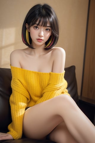 realistic photo,1girl,close_up,(yellow and black multicolored hair)),(blunt bangs,yellow and black long hair),((blunt bangs)),Best Quality, 32k, photorealistic, ultra-detailed, finely detailed, high resolution, perfect dynamic composition, beautiful detailed eyes, sharp-focus  ,tan,(looking at viewer), looking_at_viewer, front_view,off shoulder,sitting,legs crossed,((blue eyes)),((sharp nose)) 24 yo persian girl