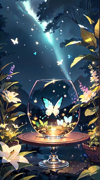 (masterpiece), (best quality), (ultra-detailed), (masterpiece), (best quality), (ultra-detailed), 4K resolution, High resolution, professionall quality, detailed picture, perfectly drawn objects,more prism, vibrant color,no people,wisteria,Jinsha,Transparent stardust,star,crystal garden,crystal flower,crystal city,crystal sea,crystal cave,lake,crystal shape, crystal thorn, crystal vine, glass thorn, glass Vine, Crystal Bush, Glass Bush,crystal lily,glass crystal,Butterfly,wine glass,diamond,flower on glass,no word,summer