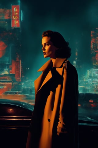 score_9,score_8_up,score_7_up,score_6_up, 1man, (((Noir style))), (((Night))), (((Neo-noir))), futuristic cityscape, neon, (((digitial billboard in background))), (((attractive woman smoking on billboard))), (((grizzled detective in trenchcoat))) (((older man)))(((rain))), (((focus on landscape))), (((view from distance))),cyber