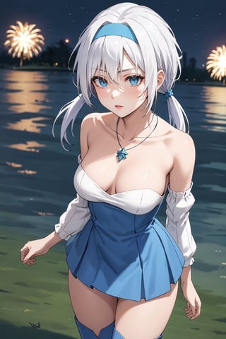 (masterpiece,  best quality,  intricate detail),  (illustration),  (beautiful detailed eyes),  (1girls),  (solo),  (beautiful detailed hair),  (better lights,  better shadows),
blue footwear, low twintails, blue eyes, blue dress, jewelry, hairband, bare shoulders, necklace, medium breasts, standing, detached sleeves,knee boots, cleavage, strapless, collarbone, white hair, strapless dress, yellow hairband, (breasts apart,  medium breasts,  wide hips,  milf,  mature female:1.2),  Grassy Terrain),  soft ambient lighting,  (blush:1.5),  looking at viewer,  (standing,  contrapposto,  thigh gap:1.2),  (facing viewer:1.5),  (Velzard,  blue eyes,  silver hair,  hair streaks),  (while dress with blue skirt)  closed mouth,  sad face,  frown,  (half closed eyes:1.2), (Velzard),  sexy girl, outdoors, fireworks, night sky, looking at the fireworks in the sky with a smile as if enchanted by the beauty, side view of the girl looking up, wide shot,