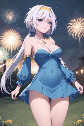 (masterpiece,  best quality,  intricate detail),  (illustration),  (beautiful detailed eyes),  (1girls),  (solo),  (beautiful detailed hair),  (better lights,  better shadows),
blue footwear, low twintails, blue eyes, blue dress, jewelry, hairband, bare shoulders, necklace, medium breasts, standing, detached sleeves,knee boots, cleavage, strapless, collarbone, white hair, strapless dress, yellow hairband, (breasts apart,  medium breasts,  wide hips,  milf,  mature female:1.2),  Grassy Terrain),  soft ambient lighting,  (blush:1.5),  looking at viewer,  (standing,  contrapposto,  thigh gap:1.2),  (facing viewer:1.5),  (Velzard,  blue eyes,  silver hair,  hair streaks),  (while dress with blue skirt)  closed mouth,  sad face,  frown,  (half closed eyes:1.2), (Velzard),  sexy girl, outdoors, fireworks, night sky, looking at the fireworks in the sky with a smile as if enchanted by the beauty, side view of the girl looking up, wide shot,