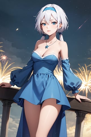 (masterpiece,  best quality,  intricate detail),  (illustration),  (beautiful detailed eyes),  (1girls),  (solo),  (beautiful detailed hair),  (better lights,  better shadows),
blue footwear, low twintails, blue eyes, blue dress, jewelry, hairband, bare shoulders, necklace, medium breasts, standing, detached sleeves,knee boots, cleavage, strapless, collarbone, white hair, strapless dress, yellow hairband, (breasts apart,  medium breasts,  wide hips,  milf,  mature female:1.2),  Grassy Terrain),  soft ambient lighting,  (blush:1.5),  looking at viewer,  (standing,  contrapposto,  thigh gap:1.2),  (facing viewer:1.5),  (Velzard,  blue eyes,  silver hair,  hair streaks),  (while dress with blue skirt)  closed mouth,  sad face,  frown,  (half closed eyes:1.2), (Velzard),  sexy girl, outdoors, fireworks, night sky, looking at the fireworks in the sky with a smile as if enchanted by the beauty, side view of the girl looking up, wide shot, ((smiling happily)),