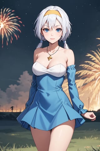 (masterpiece,  best quality,  intricate detail),  (illustration),  (beautiful detailed eyes),  (1girls),  (solo),  (beautiful detailed hair),  (better lights,  better shadows),
blue footwear, low twintails, blue eyes, blue dress, jewelry, hairband, bare shoulders, necklace, medium breasts, standing, detached sleeves,knee boots, cleavage, strapless, collarbone, white hair, strapless dress, yellow hairband, (breasts apart,  medium breasts,  wide hips,  milf,  mature female:1.2),  Grassy Terrain),  soft ambient lighting,  (blush:1.5),  looking at viewer,  (standing,  contrapposto,  thigh gap:1.2),  (facing viewer:1.5),  (Velzard,  blue eyes,  silver hair,  hair streaks),  (while dress with blue skirt)  closed mouth,  sad face,  frown,  (half closed eyes:1.2), (Velzard),  sexy girl, outdoors, fireworks, night sky, looking at the fireworks in the sky with a smile as if enchanted by the beauty, side view of the girl looking up, wide shot,