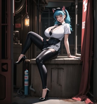 An ultra-detailed 4K masterpiece with sensual and cyberpunk styles, rendered in ultra-high resolution with realistic details. | Carla, a young 23-year-old woman with huge breasts, is dressed in a school outfit, consisting of a white blouse, a black and white plaid skirt, black socks and black low-heeled shoes. She is also wearing a black tie, a black school cap with blue cat ears, silver heart earrings, and a black leather bracelet. Her blue hair is long and straight, falling over her shoulders in a half-up hairstyle. She has red eyes, which are looking straight at the viewer with a seductive smile, showing her shiny white teeth. It is located in a filthy sewer, with rock, concrete and wooden structures. The place is poorly lit, with pipes and machines scattered across the floor. The atmosphere is dirty and uncomfortable, but Carla seems to feel comfortable and safe in the midst of it all. | The image highlights Carla's sensual figure and the cyberpunk elements of the setting. The rock, concrete, and wooden structures create a grungy, uncomfortable atmosphere, but the colorful lighting and technological details add a futuristic, modern touch. | The composition of the image is balanced and dynamic, with emphasis on Carla's sensual pose and the details of the scenery. The camera is positioned to highlight Carla's beauty and confidence amidst the dirt and clutter. | The overall effect of the image is sensual and cyberpunk, with an emphasis on Carla's beauty and sensuality in contrast to the dirty and uncomfortable setting. Lighting effects and technological details contribute to an immersive and futuristic visual experience. | Carla in a filthy sewer, creating a sensual and cyberpunk atmosphere. | (((The image reveals a full-body shot as Carla assumes a sensual pose, engagingly leaning against a structure within the scene in an exciting manner. She takes on a sensual pose as she interacts, boldly leaning on a structure, leaning back and boldly throwing herself onto the structure, reclining back in an exhilarating way.))). | ((((full-body shot)))), ((perfect pose)), ((perfect arms):1.2), ((perfect limbs, perfect fingers, better hands, perfect hands, hands)), ((perfect legs, perfect feet):1.2), Carla has huge breasts, ((perfect design)), ((perfect composition)), ((very detailed scene, very detailed background, perfect layout, correct imperfections)), Enhance, Ultra details, More Detail, ((poakl))