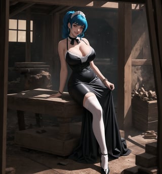 An ultra-detailed 4K masterpiece with gothic and horror styles, rendered in ultra-high resolution with realistic graphic details. | Daiana, a young 23-year-old woman with huge breasts, is dressed in a maid outfit, consisting of a tight black dress with white details, black stockings and black low-heeled shoes. She is also wearing a white apron, a white maid cap, silver heart earrings, and a black leather bracelet. Her blue hair is long and straight, falling over her shoulders in a half-up hairstyle. ((She has red eyes, which are looking straight at the viewer with a seductive smile, showing her shiny white teeth)). It is located in a macabre destroyed and filthy house, with rock, concrete and wooden structures. The place is poorly lit, with pipes and machines scattered across the floor. The atmosphere is creepy and uncomfortable, with ominous shadows moving through the hallways and strange sounds echoing through the building. | The image highlights Daiana's sensual figure and the architectural elements of the house. The rock, concrete and wooden structures, along with the pipes and machines, create a gothic and horror environment. Dim, intermittent lights illuminate the scene, creating eerie shadows and highlighting the details of the scene. | Soft, shadowy lighting effects create a tense, fear-filled atmosphere, while detailed textures on skin and clothing add realism to the image. | A frightening and seductive scene of a young woman dressed as a maid in a macabre destroyed house, exploring themes of horror, fear and seduction. | (((The image reveals a full-body shot as Daiana assumes a sensual pose, engagingly leaning against a structure within the scene in an exciting manner. She takes on a sensual pose as she interacts, boldly leaning on a structure, leaning back and boldly throwing herself onto the structure, reclining back in an exhilarating way.))). | ((((full-body shot)))), ((perfect pose)), ((perfect arms):1.2), ((perfect limbs, perfect fingers, better hands, perfect hands, hands)), ((perfect legs, perfect feet):1.2), Daiana has (((huge breasts))), ((perfect design)), ((perfect composition)), ((very detailed scene, very detailed background, perfect layout, correct imperfections)), Enhance, Ultra details, More Detail, ((poakl))