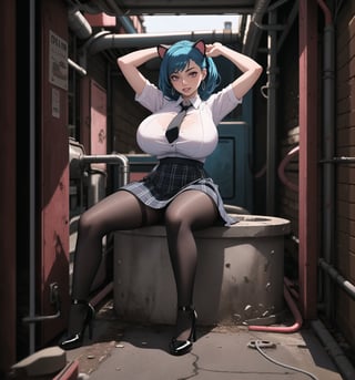 An ultra-detailed 4K masterpiece with sensual and cyberpunk styles, rendered in ultra-high resolution with realistic details. | Carla, a young 23-year-old woman with huge breasts, is dressed in a school outfit, consisting of a white blouse, a black and white plaid skirt, black socks and black low-heeled shoes. She is also wearing a black tie, a black school cap with blue cat ears, silver heart earrings, and a black leather bracelet. Her blue hair is long and straight, falling over her shoulders in a half-up hairstyle. She has red eyes, which are looking straight at the viewer with a seductive smile, showing her shiny white teeth. It is located in a filthy sewer, with rock, concrete and wooden structures. The place is poorly lit, with pipes and machines scattered across the floor. The atmosphere is dirty and uncomfortable, but Carla seems to feel comfortable and safe in the midst of it all. | The image highlights Carla's sensual figure and the cyberpunk elements of the setting. The rock, concrete, and wooden structures create a grungy, uncomfortable atmosphere, but the colorful lighting and technological details add a futuristic, modern touch. | The composition of the image is balanced and dynamic, with emphasis on Carla's sensual pose and the details of the scenery. The camera is positioned to highlight Carla's beauty and confidence amidst the dirt and clutter. | The overall effect of the image is sensual and cyberpunk, with an emphasis on Carla's beauty and sensuality in contrast to the dirty and uncomfortable setting. Lighting effects and technological details contribute to an immersive and futuristic visual experience. | Carla in a filthy sewer, creating a sensual and cyberpunk atmosphere. | (((The image reveals a full-body shot as Carla assumes a sensual pose, engagingly leaning against a structure within the scene in an exciting manner. She takes on a sensual pose as she interacts, boldly leaning on a structure, leaning back and boldly throwing herself onto the structure, reclining back in an exhilarating way.))). | ((((full-body shot)))), ((perfect pose)), ((perfect arms):1.2), ((perfect limbs, perfect fingers, better hands, perfect hands, hands)), ((perfect legs, perfect feet):1.2), Carla has huge breasts, ((perfect design)), ((perfect composition)), ((very detailed scene, very detailed background, perfect layout, correct imperfections)), Enhance, Ultra details, More Detail, ((poakl)),