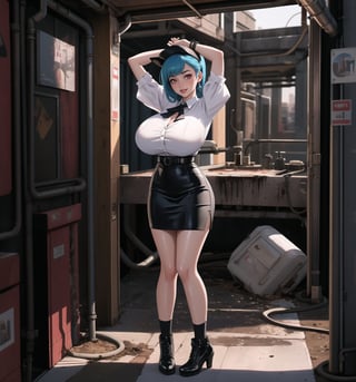 An ultra-detailed 4K masterpiece with sensual and cyberpunk styles, rendered in ultra-high resolution with realistic details. | Carla, a young 23-year-old woman with huge breasts, is dressed in a school outfit, consisting of a white blouse, a black and white plaid skirt, black socks and black low-heeled shoes. She is also wearing a black tie, a black school cap with blue cat ears, silver heart earrings, and a black leather bracelet. Her blue hair is long and straight, falling over her shoulders in a half-up hairstyle. She has red eyes, which are looking straight at the viewer with a seductive smile, showing her shiny white teeth. It is located in a filthy sewer, with rock, concrete and wooden structures. The place is poorly lit, with pipes and machines scattered across the floor. The atmosphere is dirty and uncomfortable, but Carla seems to feel comfortable and safe in the midst of it all. | The image highlights Carla's sensual figure and the cyberpunk elements of the setting. The rock, concrete, and wooden structures create a grungy, uncomfortable atmosphere, but the colorful lighting and technological details add a futuristic, modern touch. | The composition of the image is balanced and dynamic, with emphasis on Carla's sensual pose and the details of the scenery. The camera is positioned to highlight Carla's beauty and confidence amidst the dirt and clutter. | The overall effect of the image is sensual and cyberpunk, with an emphasis on Carla's beauty and sensuality in contrast to the dirty and uncomfortable setting. Lighting effects and technological details contribute to an immersive and futuristic visual experience. | Carla in a filthy sewer, creating a sensual and cyberpunk atmosphere. | (((The image reveals a full-body shot as Carla assumes a sensual pose, engagingly leaning against a structure within the scene in an exciting manner. She takes on a sensual pose as she interacts, boldly leaning on a structure, leaning back and boldly throwing herself onto the structure, reclining back in an exhilarating way.))). | ((((full-body shot)))), ((perfect pose)), ((perfect arms):1.2), ((perfect limbs, perfect fingers, better hands, perfect hands, hands)), ((perfect legs, perfect feet):1.2), Carla has (((huge breasts))), ((perfect design)), ((perfect composition)), ((very detailed scene, very detailed background, perfect layout, correct imperfections)), Enhance, Ultra details, More Detail, ((poakl)),