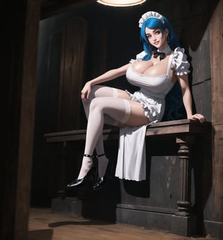 An ultra-detailed 4K masterpiece with gothic and horror styles, rendered in ultra-high resolution with realistic graphic details. | Daiana, a young 23-year-old woman with huge breasts, is dressed in a maid outfit, consisting of a tight black dress with white details, black stockings and black low-heeled shoes. She is also wearing a white apron, a white maid cap, silver heart earrings, and a black leather bracelet. Her blue hair is long and straight, falling over her shoulders in a half-up hairstyle. ((She has red eyes, which are looking straight at the viewer with a seductive smile, showing her shiny white teeth)). It is located in a macabre destroyed and filthy house, with rock, concrete and wooden structures. The place is poorly lit, with pipes and machines scattered across the floor. The atmosphere is creepy and uncomfortable, with ominous shadows moving through the hallways and strange sounds echoing through the building. | The image highlights Daiana's sensual figure and the architectural elements of the house. The rock, concrete and wooden structures, along with the pipes and machines, create a gothic and horror environment. Dim, intermittent lights illuminate the scene, creating eerie shadows and highlighting the details of the scene. | Soft, shadowy lighting effects create a tense, fear-filled atmosphere, while detailed textures on skin and clothing add realism to the image. | A frightening and seductive scene of a young woman dressed as a maid in a macabre destroyed house, exploring themes of horror, fear and seduction. | (((The image reveals a full-body shot as Daiana assumes a sensual pose, engagingly leaning against a structure within the scene in an exciting manner. She takes on a sensual pose as she interacts, boldly leaning on a structure, leaning back and boldly throwing herself onto the structure, reclining back in an exhilarating way.))). | ((((full-body shot)))), ((perfect pose)), ((perfect arms):1.2), ((perfect limbs, perfect fingers, better hands, perfect hands, hands)), ((perfect legs, perfect feet):1.2), Daiana has (((huge breasts))), ((perfect design)), ((perfect composition)), ((very detailed scene, very detailed background, perfect layout, correct imperfections)), Enhance, Ultra details, More Detail, ((poakl))