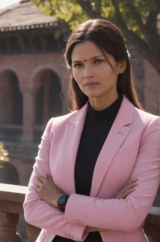 Prompt: Masterpiece, Pink business jacket and black skirt, day time, terrace background, calm and frosty, detailed body, detailed face, brown hair, gorgeous, ultra realistic, charming, cute, long braided hair, ambient lighting, bright sunny day, detailed background, volumetric lighting, shadow, 8k, armpits, smiling, Indian girl, 24 years old, hands behind her head, fair complexion, indian female