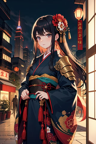 1girl, solo, long hair, looking at viewer, bangs, black hair, hair ornament, red eyes, long sleeves, holding, jewelry, closed mouth, standing, flower, earrings, japanese clothes, hair flower, wide sleeves, kimono, nail polish, sash, obi, floral print, red flower, tassel, red nails, red kimono, body armor, dragon armor, metropolis, road, urban, downtown, architecture, building, cityscape, town, modern, street, business, center, graphic, travel, landscape, house, office, night, light, dynamic, construction, skyline, concept, world, sky, window, morning, city, tints and shades, symmetry, midnight, darkness
