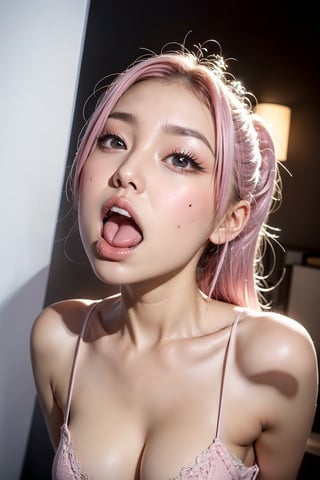 full_body,girl,16K,solo,longeyelashes,moaning or panting face ,pink hair,looking at viewer,eye looking up,ahegao,kissing with tongue out,Cross-eyed, one mole under eye,embarrassed