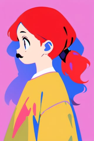 girl, 12 years old, redhead, with hair tied in 2 ponytails, with a beret, black eyes, with a blue backpack, with a yellow t-shirt, with loose brown pants, with purple boots, with a brown beret cap with a red mustache.

masterpiece, perfec draw,Flat vector art