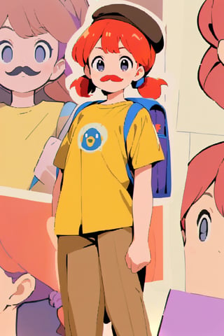 girl, 12 years old, redhead, with hair tied in 2 ponytails, with a beret, black eyes, with a blue backpack, with a yellow t-shirt, with loose brown pants, with purple boots, with a brown beret cap with a red mustache.

masterpiece, perfec draw,Flat vector art