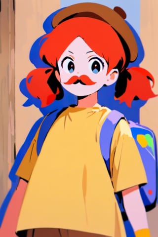 girl, 12 years old, redhead, with hair tied in 2 ponytails, with a beret, black eyes, with a blue backpack, with a yellow t-shirt, with loose brown pants, with purple boots, with a brown beret cap with a red mustache.

masterpiece, perfec draw,Flat vector art