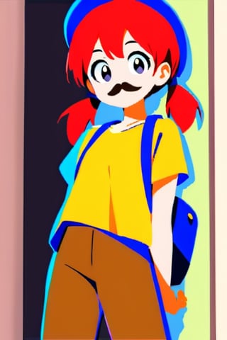 girl, 12 years old, redhead, with hair tied in 2 ponytails, with a beret, black eyes, with a blue backpack, with a yellow t-shirt, with loose brown pants, with purple boots, with a brown beret cap with a red mustache.
masterpiece, perfec draw,Flat vector art