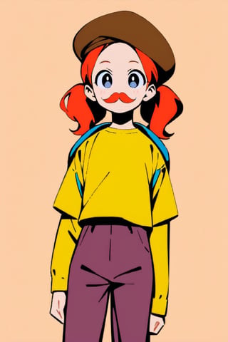 girl, 12 years old, redhead, with hair tied in 2 ponytails, with a beret, black eyes, with a blue backpack, with a yellow t-shirt, with loose brown pants, with purple boots, with a brown beret cap with a red mustache.

masterpiece, perfec draw,Flat vector art,niji6