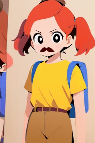 girl, 12 years old, redhead, with hair tied in 2 ponytails, with a beret, black eyes, with a blue backpack, with a yellow t-shirt, with loose brown pants, with purple boots, with a brown beret cap with a red mustache.

masterpiece, perfec draw,Flat vector art