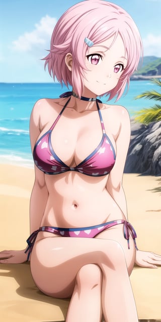 masterpiece, highly detailed, 4K, vibrant colors, sharp focus, best quality, depth of field, perfect body, perfect anatomy, beautiful background, fully detailed background, happy expressions, bikini, lisbeth, pink hair, hairclip, freckles, pink eyes, legs crossed, 