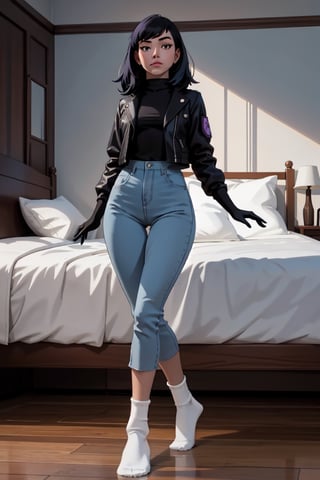 A young woman, curvy body, full_body, dark blue hair, medium hair, bangs hair, high_resolution, black_eyes, black punk jacket, purple pants, white_socks, gloves, in her room, masterpiece, 4K, perfect legs, perfect arms, perfect hands, perfect feets, high detailed,FOLDED_SOCKS