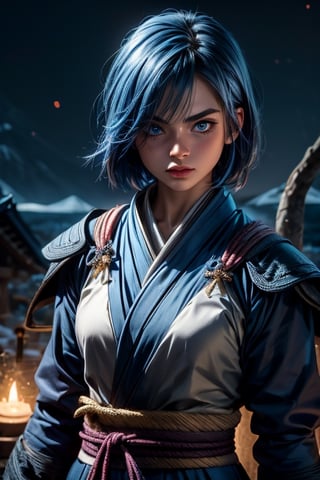 (8k, RAW photo, photorealistic:1.25), (highly detailed Caucasian skin:1.2), (1girl, solo, short hair, looking at viewer, blue eyes, blue japanese hair ties, tan hair, thin brow, holding tow ninja stars in both hands, crouch her back, A close up of the person, twilight, sukura and mont Fuji in the back, ((looking at viewer)), a big silver crane pattern on her chest ,Ninja