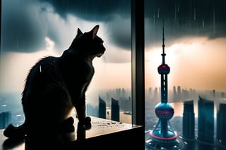 8k, best quality, sharp focus, perfect, masterpiece,
A cinematic masterpiece! A long shot captures the majestic scene: a colossal cat sprawled atop the Oriental Pearl Tower in Shanghai, umbrella in paw, as thunderstorms rage above and rain pours down. The cat's fur glistens with dew, while its eyes shine like polished onyx. In the background, city lights twinkle like diamonds. The framing emphasizes the tower's sleek curves, as a delicate balance of light and shadow defines the scene. Each strand of fur, each drop of rain, is meticulously rendered in high-definition, inviting the viewer to step into this extraordinary world.