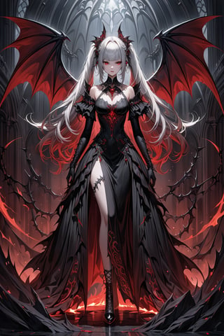 (masterpiece,ultra detailed,high-quality,8k,professional,UHD,)Gothic theme, dark theme, gothic makeup,hair ornaments, long white hair,(blunt  bangs, curly hair,twin ponytails),red eyes,ruby-like eyes , full body,A powerful and imposing girl,standing ,She is dressed in a revealing, intricately designed black outfit adorned with thorn-like patterns, emphasizing an aura of strength and dominance. Dark, bat-like wings extend from her back, 
Flanking her are two ferocious, demonic black dogs with glowing red eyes and snarling expressions, their mouths dripping with an ominous red substance. 