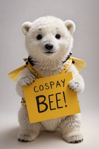 Film lighting,A cute polar bear cub,  in comically ill fitting bee-costume-, (holding sign with text ), in the style of, meticulous details, ultimate photo-realistic, (holding sign that reads "cosplay BEE" ), 32k, Photo realism, Hyper-realistic, analog style, realistic, film photography, 
 (Masterpiece, award-winning work) many details, extremely meticulous, high quality,  real photo shot, art composition,more detail XL,,<lora:659095807385103906:1.0>