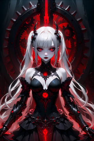 (masterpiece,ultra detailed,high-quality,8k,professional,UHD,)Gothic theme, dark theme, gothic makeup,hair ornaments, long white hair,(blunt  bangs, curly hair,twin ponytails),red eyes,ruby-like eyes , A  girl,, albino demon princess, with an evil mechanical body exudes an eerie beauty. Her pale skin contrasts with her intricate, dark, metallic limbs and torso, adorned with sinister gears and glowing red eyes. This chillingly beautiful figure commands a presence that is both mesmerizing and terrifying.,sad, mechanical arms,guillotine