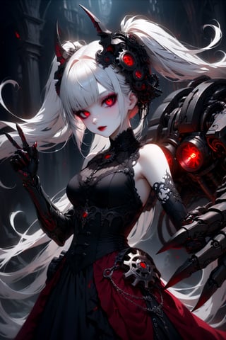 (masterpiece,ultra detailed,high-quality,8k,professional,UHD,)Gothic theme, dark theme, gothic makeup,hair ornaments, long white hair,(blunt  bangs, curly hair,twin ponytails),red eyes,ruby-like eyes , A  girl,, albino demon princess, with an evil mechanical body exudes an eerie beauty. Her pale skin contrasts with her intricate, dark, metallic limbs and torso, adorned with sinister gears and glowing red eyes. This chillingly beautiful figure commands a presence that is both mesmerizing and terrifying.,sad, mechanical arms,finger gun