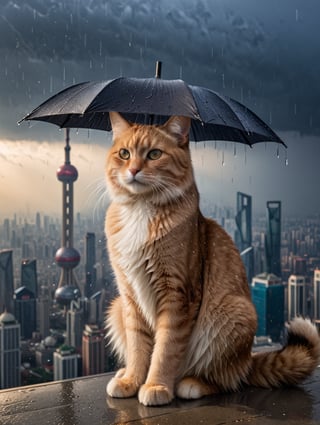 A cinematic masterpiece! A long shot captures the majestic scene: a colossal cat sprawled atop the Oriental Pearl Tower in Shanghai, umbrella in paw, as thunderstorms rage above and rain pours down. The cat's fur glistens with dew, while its eyes shine like polished onyx. In the background, city lights twinkle like diamonds. The framing emphasizes the tower's sleek curves, as a delicate balance of light and shadow defines the scene. Each strand of fur, each drop of rain, is meticulously rendered in high-definition, inviting the viewer to step into this extraordinary world.,<lora:659095807385103906:1.0>