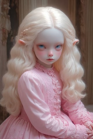 (white porcelain)  a doll , long blonde hair, blue eyes,  haunting lighting effect, detailed, cinematic, atmospheric, digital painting, 4k resolution, (pale albino skin:1.4), (glass skin textures),  dressed in pink, sits in an indoor environment filled with pink tones. Her clothing design has a retro elementhe , and the overall atmosphere is elegant and dreamy. The main color of the environment is pink