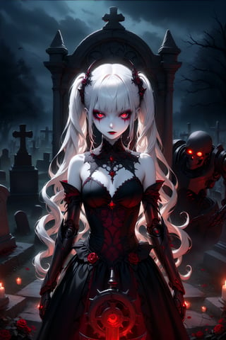 (masterpiece,ultra detailed,high-quality,8k,professional,UHD,)Gothic theme, dark theme, gothic makeup,hair ornaments, long white hair,(blunt  bangs, curly hair,twin ponytails),red eyes,ruby-like eyes , A  girl,, albino demon princess, with an evil mechanical body exudes an eerie beauty. Her pale skin contrasts with her intricate, dark, metallic limbs and torso, adorned with sinister gears and glowing red eyes. This chillingly beautiful figure commands a presence that is both mesmerizing and terrifying.,sad, mechanical arms,cemetery,
Split the tombstone with an ax