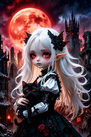 A cybernetic gothic girl ,a ruined cityscape,very long white hair flowing in the wind . red eyes glow like red rubies,  The full moon ,chibi doll,holding a cat