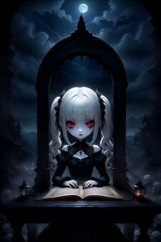 (masterpiece,ultra detailed,high-quality,8k,professional,UHD,)Gothic theme, dark theme, gothic makeup,hair ornaments, long white hair,(blunt  bangs, curly hair,twin ponytails),red eyes,ruby-like eyes , A  girl,, Chinese (white porcelain) doll with a cracked face and limbs ,Operating the guillotine,Head on the table,evil eyes, black goth dress, haunting lighting effect, detailed, cinematic, atmospheric, digital painting, eerie atmosphere, character design by Jasmine Becket-Griffith and Mark Ryden, gothic style, 4k resolution, (pale albino skin:1.4), (glass skin textures), (night:1.4), (dark:1.4), (moonlit:1.4), (dark skies:1.4)