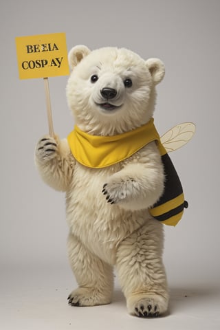 Film lighting,A cute polar bear cub,  in comically ill fitting bee-costume-, (holding sign with text ), in the style of, meticulous details, ultimate photo-realistic, (holding sign that reads "cosplay BEE" ), 32k, Photo realism, Hyper-realistic, analog style, realistic, film photography, 
 (Masterpiece, award-winning work) many details, extremely meticulous, high quality,  real photo shot, art composition,more detail XL,,,<lora:659095807385103906:1.0>